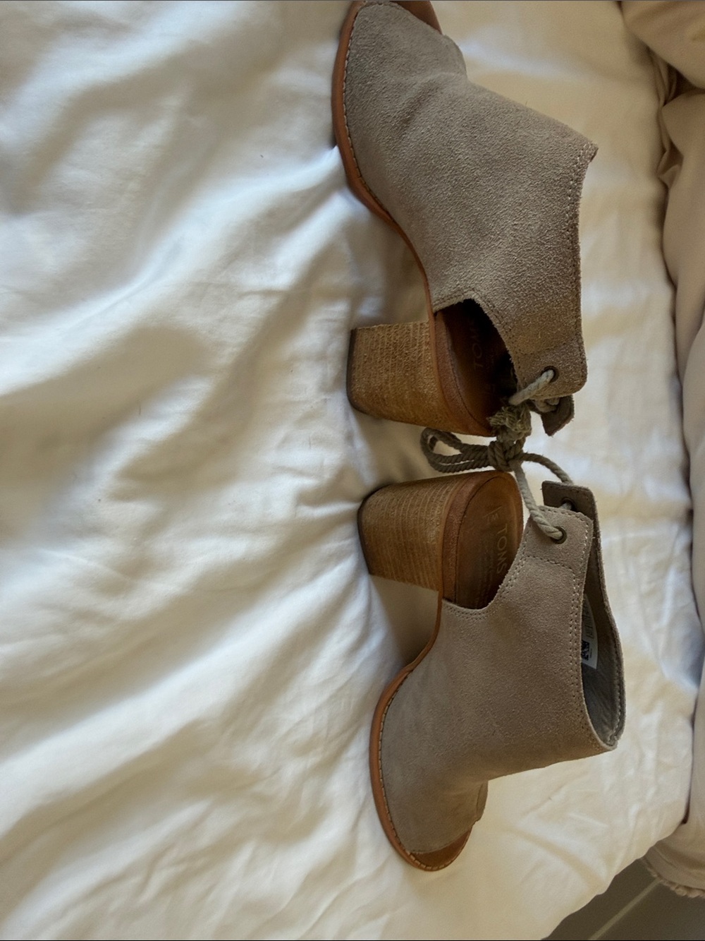 Toms Taupe Suede Peep-Toe Lace-Back Block Heel Booties